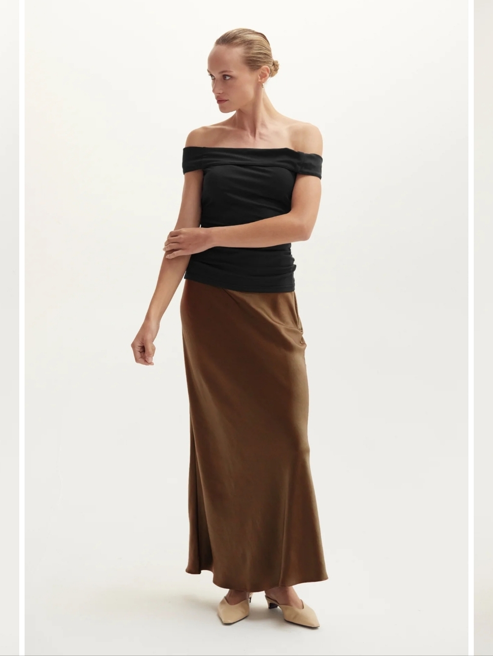 Crescent Gabrielle Crushed Satin Maxi Skirt Bias Cut Espresso Medium